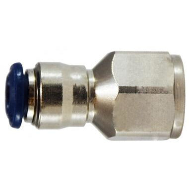 A nickel-plated brass female iron pipe adapter with a blue push-in connector - 1/4 X 1/4  Push-In X Female Iron Pipe Nickel-Plated Adapter