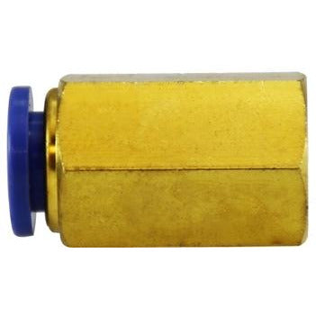 A gold-colored brass female iron pipe adapter with a blue push-fit end for secure connection - 3/8 X 1/4 Push In X Female Iron Pipe Adapter