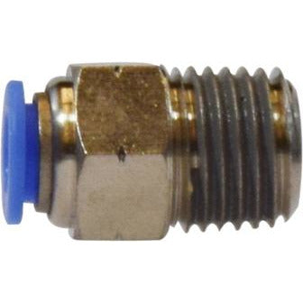 A male iron pipe adapter with a push-fit connection and a blue seal. 1/2 X 3/8 Push-In X Male Iron Pipe Adapter