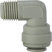 A gray plastic push-fit elbow fitting with a male iron pipe thread connection. 1/4 x 3/8 Plastic Push-In x Male Iron Pipe Elbow