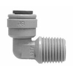 A gray plastic 90-degree elbow fitting with a male iron pipe thread on one end and a push-fit tube connection on the other. 3/8 x 3/8 Plastic Push-In x Male Iron Pipe Elbow