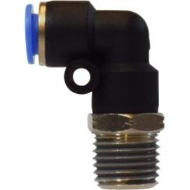 A black male iron pipe swivel elbow fitting with 1/4 NPTF thread  connection.1/4 x 1/4 Push-In x Male Iron Pipe Swivel Elbow