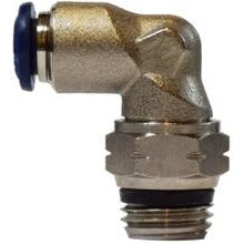 A 90-degree elbow plumbing fitting with a nickel-plated finish and push-in connections on both ends. 3/8 X 1/2 Push In X Male Iron Pipe Swivel Elbow Nickel Plated