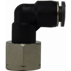 A photo of a 90-degree elbow fitting with a push-in connection for plumbing, showcasing the female iron pipe swivel design. 1/4 X 1/8 Push In X Female Iron Pipe Swivel Composite 90
