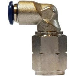 A nickel-plated brass 90-degree elbow pipe fitting with a push-in connection on one side and a threaded connection on the other. 1/4 x 1/4 Push-In x Female Iron Pipe Elbow Nickel-Plated