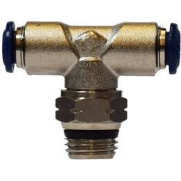 A nickel-plated brass swivel branch tee with push-in connections and male iron pipe thread, intended for pneumatic or hydraulic applications. 1/4 X 1/8 Push In X Male Iron Pipe Swivel Branch Tee Nickel Plated