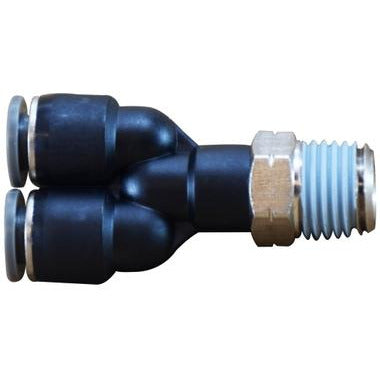 Composite Y fitting with 3/8 and 1/2 push-in ports plus swivel MIP connection – 3/8 x 1/2 Push-In x Male Iron Pipe Swivel Composite Y