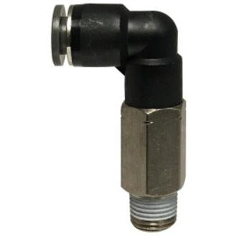 A black male iron pipe swivel fitting with a push-in design, intended for use in water, gas, and air systems - 1/4 X 1/8 Push In X Male Iron Pipe Swivel Long Pattern 90