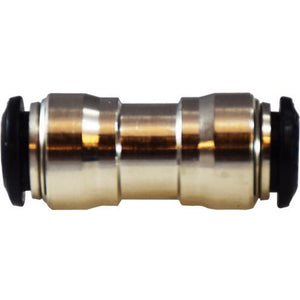 A nickel-plated brass push-in union connector with black end caps - 6 Millimeter Push-In Union Connector Nickel-Plated