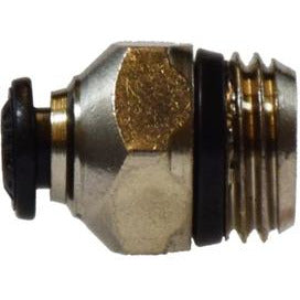 A nickel-plated brass iron pipe adapter with a 10mm outer diameter and 3/8 male connection thread, showing the adapter's push-fit end and threaded end - 10mm Outer Diameter x 3/8 Male Iron Pipe Adapter Nickel-Plated