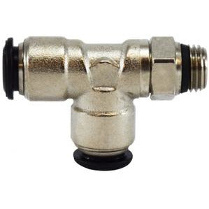 A nickel-plated swivel male run tee with a 10 mm outer diameter and 1/4 inch connection, designed for pneumatic, hydraulic, and fluid transfer systems - 10 MM Outer Diameter x 1/4 Swivel Male Run Tee Nickel-Plated