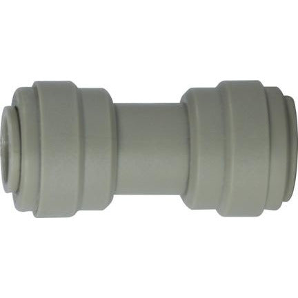 A gray plastic push-in union connector designed for joining two OD tubes. - 3/16 Plastic Push-In Union (Min.500)