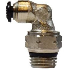 A 90-degree elbow pneumatic fitting with a swivel male connection, nickel-plated for corrosion resistance. - 4mm Outer Diameter x 1/8 Swivel Male Elbow Nickel-Plated