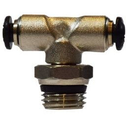A nickel-plated brass swivel male branch tee with push-fit connections. - 4mm Outer Diameter  x 1/4 Swivel Male Branch Tee Nickel-Plated