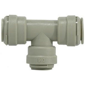 A gray plastic push-in reducer branch tee fitting - 1/2 x 3/8 Plastic Push-In Reducer Branch Tee
