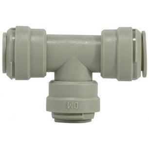 A gray plastic push-in reducer branch tee fitting - 1/2 x 3/8 Plastic Push-In Reducer Branch Tee