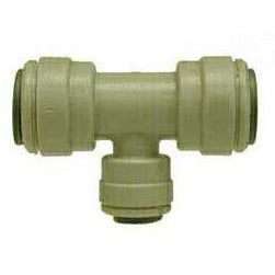 A beige plastic push-in reducer branch tee fitting - 3/8 x 1/4 Plastic Push-In Reducer Branch Tee
