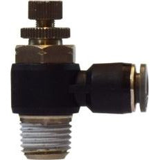 A black male elbow pipe fitting with a flow control valve, showing the thread and valve mechanism. - 1/4 X 1/8 Male Elbow W/ Flow Control Valve