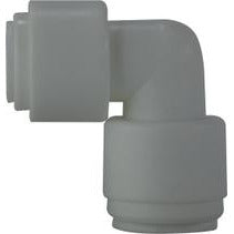A gray plastic push-in reducer elbow fitting, designed for connecting two tubes at a 90-degree angle. - 3/8 x 1/4 Plastic Push-In Reducer Elbow
