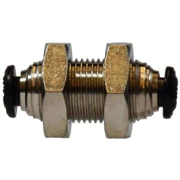 A Push-In Bulkhead Union Connector with nickel-plating and brass construction. - 6mm Push-In Bulkhead Union Connector Nickel-Plated