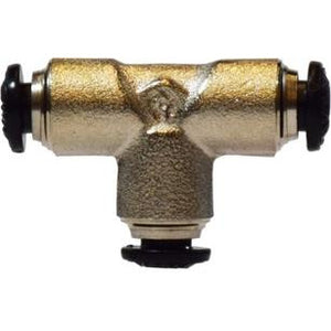 A Push-In Union Tee with a nickel-plated finish, made of brass, designed for pneumatic, fluid, and gas transfer systems. - 3 Millimeter Push-In Union Tee Nickel-Plated