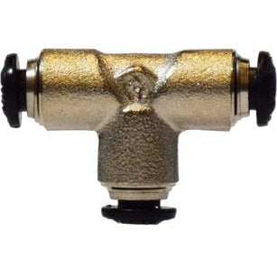 A Push-In Union Tee with a nickel-plated finish, made of brass, designed for pneumatic, fluid, and gas transfer systems. - 3 Millimeter Push-In Union Tee Nickel-Plated