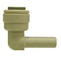 A white nylon elbow fitting with hose barb on one end and male iron pipe (MIP) thread on the other. 2 x 2 Hose Barb x Male Iron Pipe White Nylon Elbow