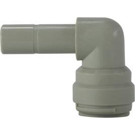 A gray plastic 90-degree elbow push-in tube connector. - 3/8 X 1/4 Plastic Stem x Push-In Elbow