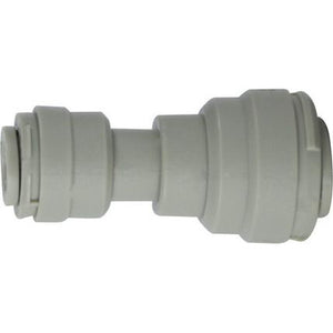 A gray plastic push-in reducer union designed to connect OD tubes - 1/4 x 3/16 Plastic Push-In Reducer Union
