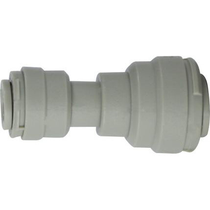 A gray plastic push-in reducer union designed to connect OD tubes - 3/8 x 5/16 Plastic Push-In Reducer Union