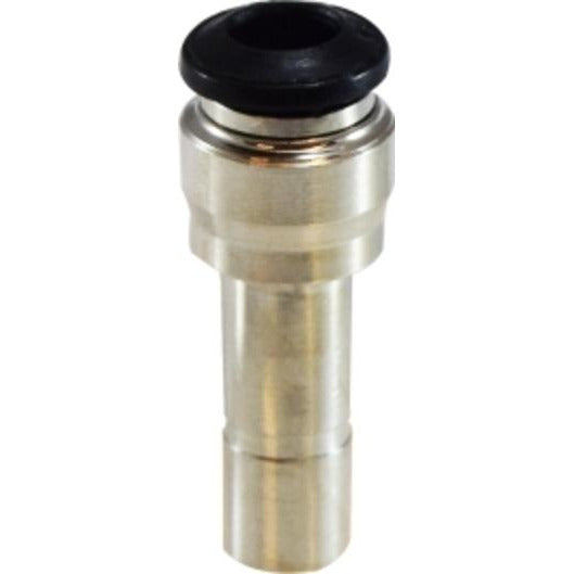 A brass plumbing fitting with a threaded stud on one end and a quick connect on the other. - 10mm Stud x 8mm Outer Diameter Push-In Reducer Nickel-Plated