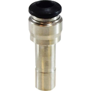 A brass plumbing fitting with a threaded stud on one end and a quick connect on the other. - 10mm Stud x 8mm Outer Diameter Push-In Reducer Nickel-Plated