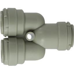 A gray Plastic Push-In 2-Way Divider fitting, designed for splitting a single OD tube into two separate OD tube connections. - 5/16 Plastic Push-In 2-Way Divider