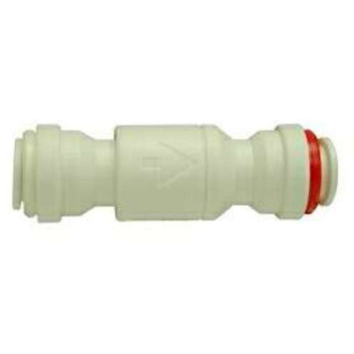 A gray plastic check valve with push-in connections, designed for water or fluid systems. - 3/8 Outer Diameter Push-In Plastic Union Check Valve