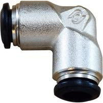 A 90-degree elbow fitting with a nickel-plated finish and push-in fittings on both ends. - 10 Milimeter Push In Union Elbow Nickel Plated