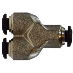 An Push-In Union Y Nickel-Plated fitting, showing a three-way connector with a Y-shape configuration and push-in design. - 8 Millimeter Push-In Union Y Nickel-Plated