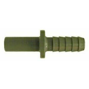 A green plastic hose barb adapter designed to connect a stem to a hose, intended for use in various plumbing applications - 3/8 Stem x 3/8 Hose Barb Plastic Adapter