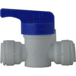 A gray plastic shutoff valve with a blue handle, designed for push-in connection on both ends - 1/4 Outer Diameter Push-In Plastic Shutoff Valve