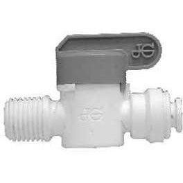 A gray plastic shutoff valve with a push-in connection and male threaded end, designed for controlling the flow of air, water, or other compatible fluids - 1/4 Outer Diameter Push-In x Male Plastic Shutoff Valve