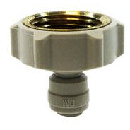 A gray plastic garden hose adapter with a 1/4 tube connection on one end and a 3/4 female garden hose thread on the other - 1/4 Tube x 3/4 Female Garden Hose Plastic Adapter
