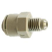 A gray plastic adapter with a 3/8 tube connection and 1/4 inch male flare fitting - 3/8 Tube x 1/4 Flare Plastic Adapter
