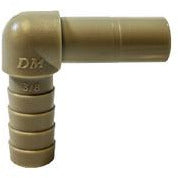 A plastic elbow fitting with a barbed hose connection on one end and a stem connection on the other - 3/8 Stem x 3/8 Hose Barb Plastic Elbow