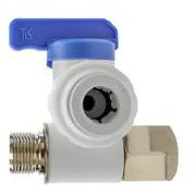 A white 3/8 tube stop plastic valve with blue markings, with the valve handle in the off position - 3/8 Tube Stop Plastic Valve