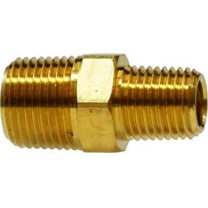 Light-pattern brass reducing hex nipple for connecting different pipe sizes – 3/8 x 1/4 Light Pattern Reducing Hex Nipple.