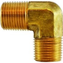 A brass 90-degree elbow pipe fitting with male threads on both ends. 1/4 Barstock Male x Male Elbow