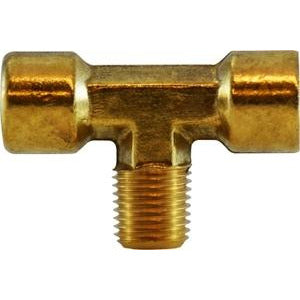 A brass forged tee plumbing fitting with 1/4-inch pipe sizes, featuring female iron pipe threads on two sides and male iron pipe threads on one side. 1/4 Female Iron Pipe X Female Iron Pipe X Male Iron Pipe Forged Tee