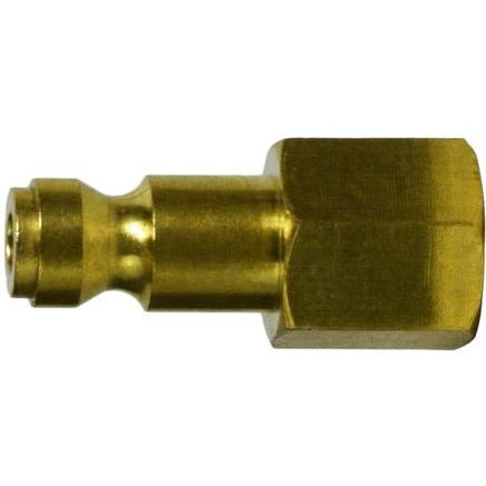 A gold-colored brass plug with a 1/4 inch FIP thread, designed for automotive and industrial applications. 1/4 Body 1/4 Female Iron Pipe Automotive Brass Plug