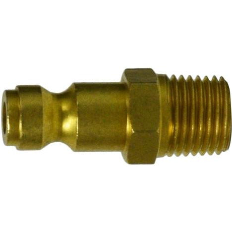 A gold-colored brass plug with a male iron pipe connection designed for pneumatic tools and air compressors. 1/4 Body 1/4 Male Iron Pipe Auto Brass Plug