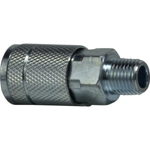 A silver-colored steel automotive quick-connect coupler with a 3/8 inch body and male iron pipe thread. 3/8 Body 3/8 Male Iron Pipe Automotive Steel Coupler