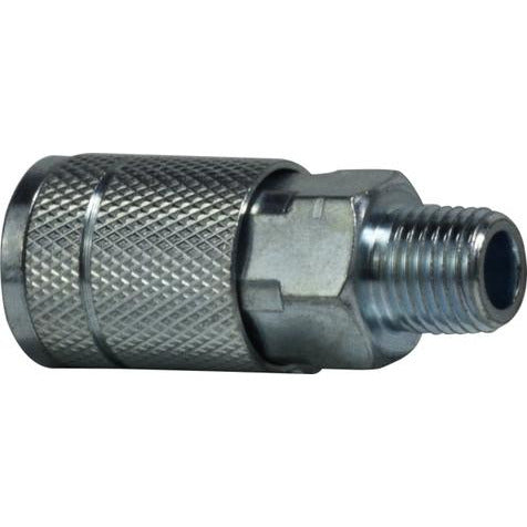 A silver-colored steel automotive quick-connect coupler with a 3/8 inch body and male iron pipe thread. 3/8 Body 3/8 Male Iron Pipe Automotive Steel Coupler